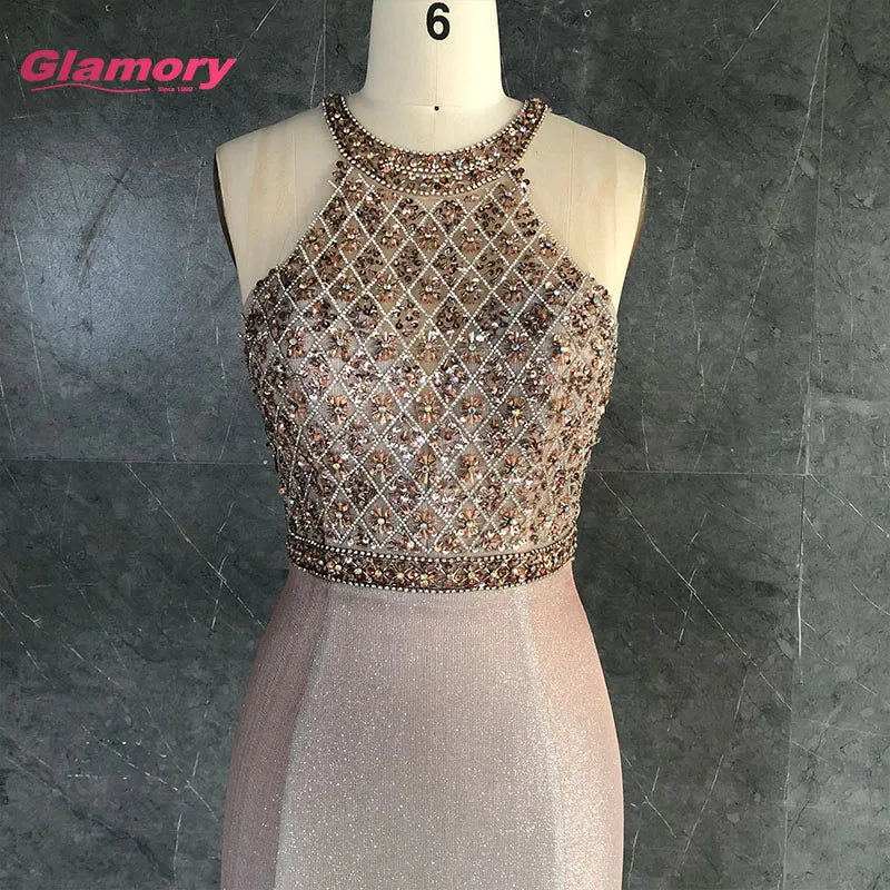 2020 Bottom Price Halter Party Evening Unique Glitter Fabric Sexy Formal Long Prom Dress