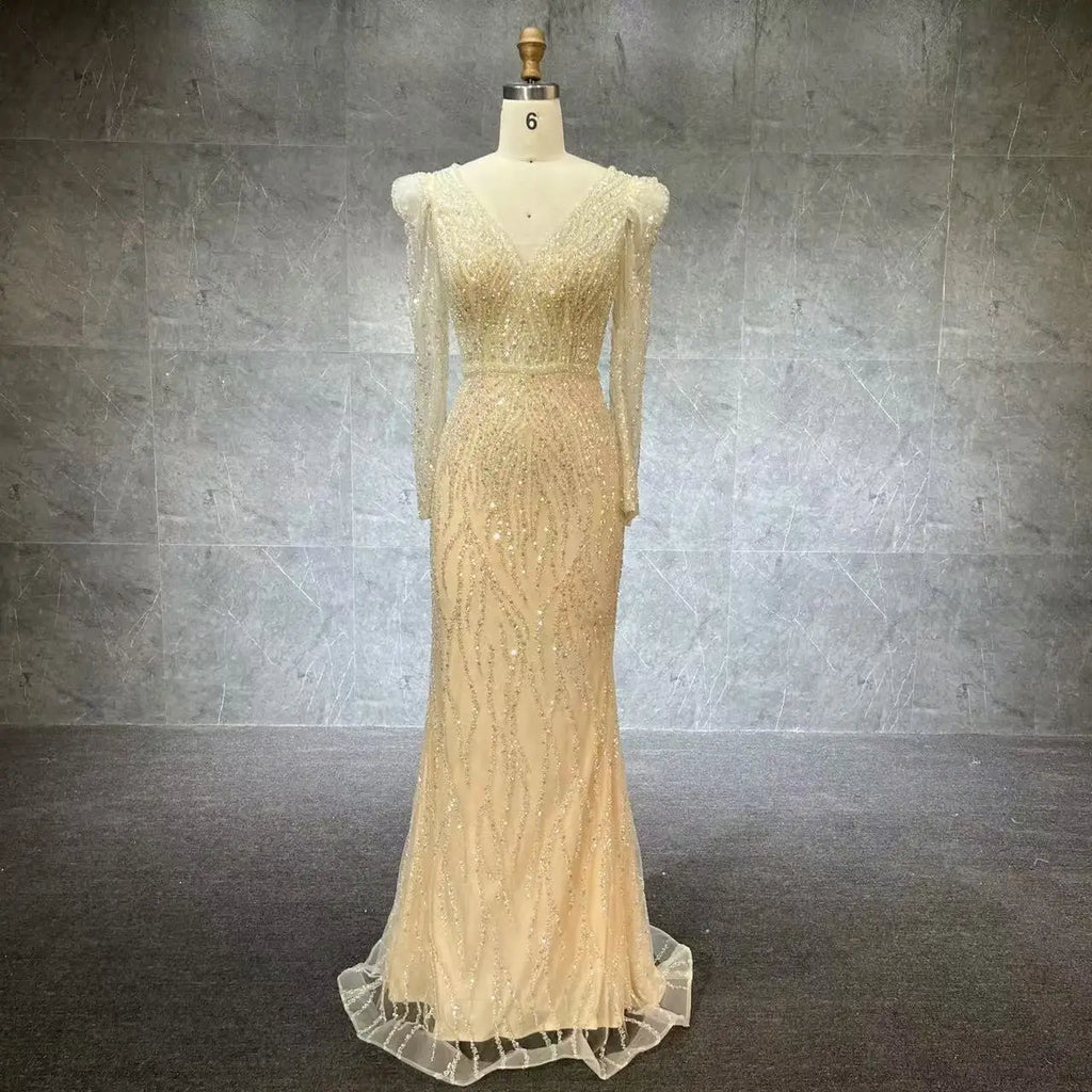 Muslim V-Neck Long Sleeves Mermaid Beaded Evening Dress Elegant Formal Party Gowns 2025 for Women