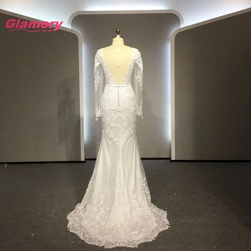 Long Sleeve Saudi Arabia Dresses V-neck Lace Beading Mermaid Wedding Dress With Detachable Train Wedding Gown