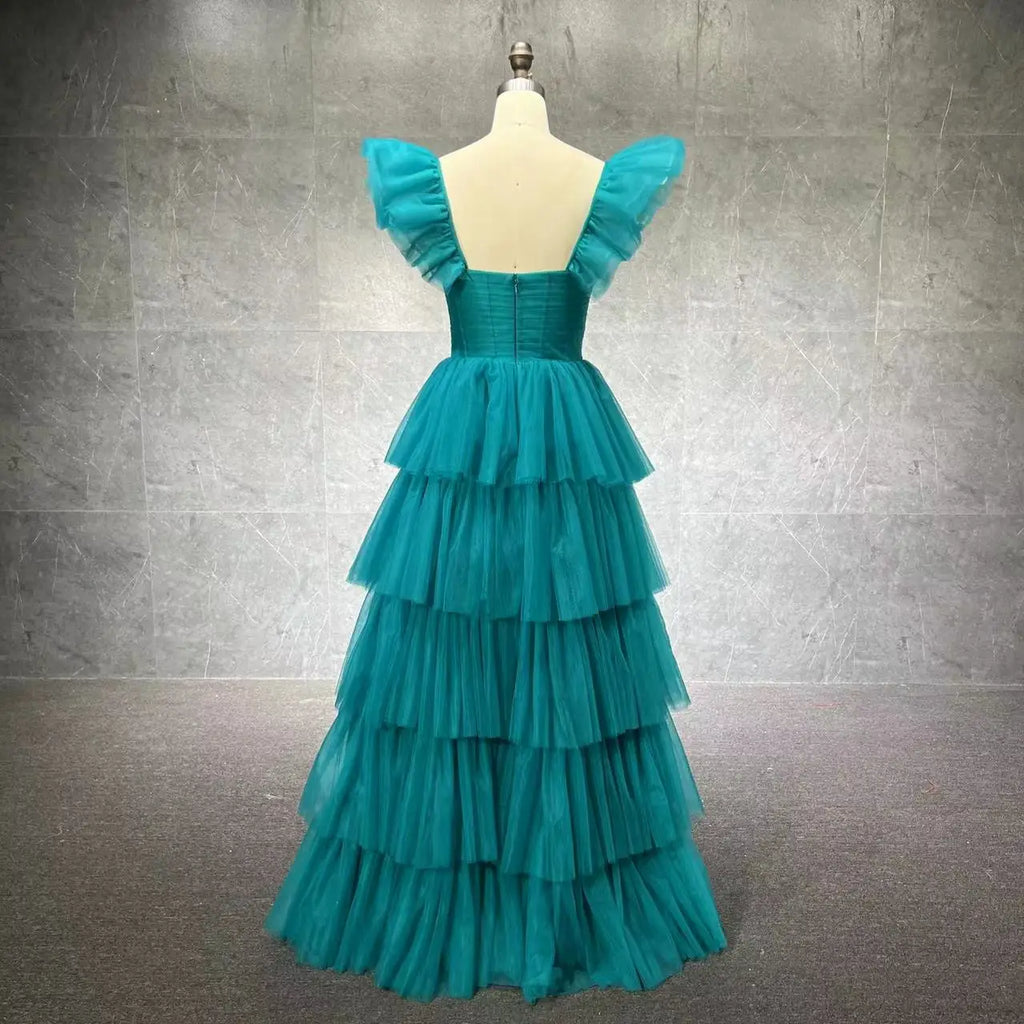 Green & Fuchsia Ruffled Straps a Line Evening Dresses for Women Wedding Party Layered Tulle Formal Prom