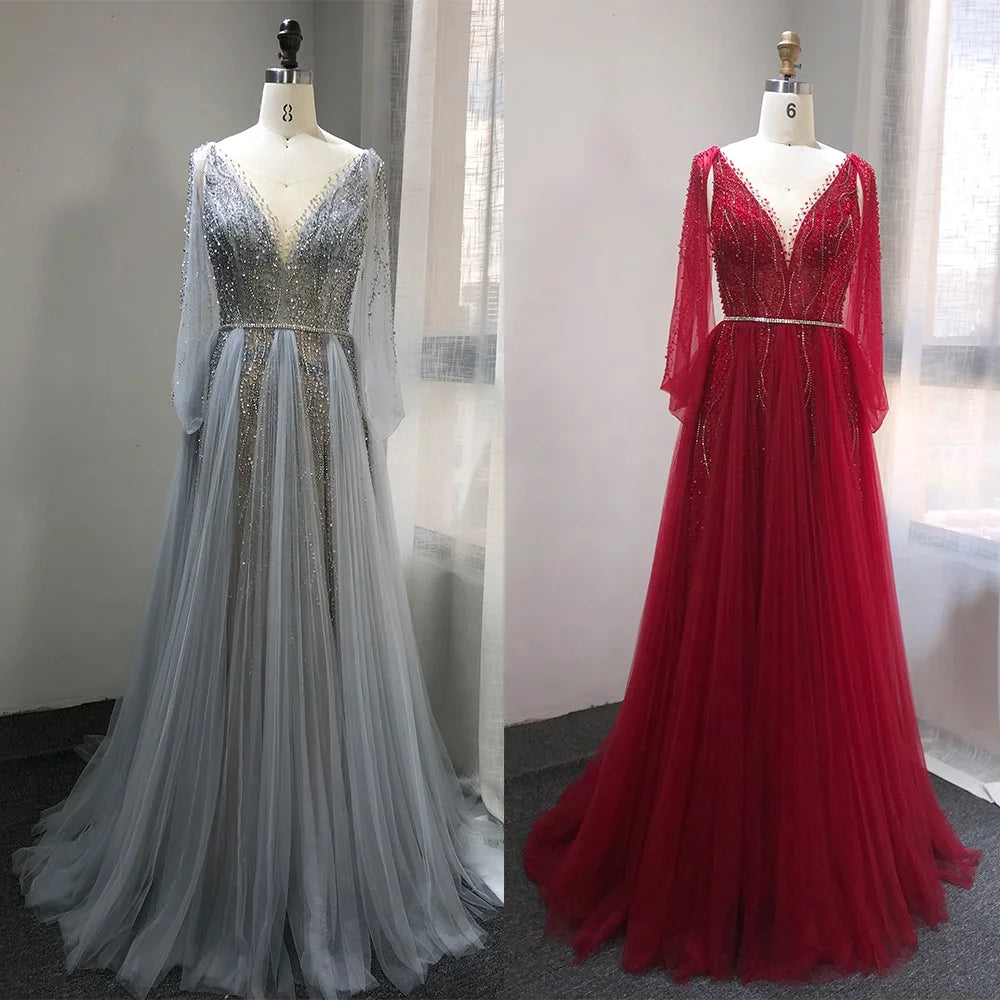 New 2021 Elegant Muslim Beaded a Line Luxury Evening Dresses V Neck Long Party Gowns