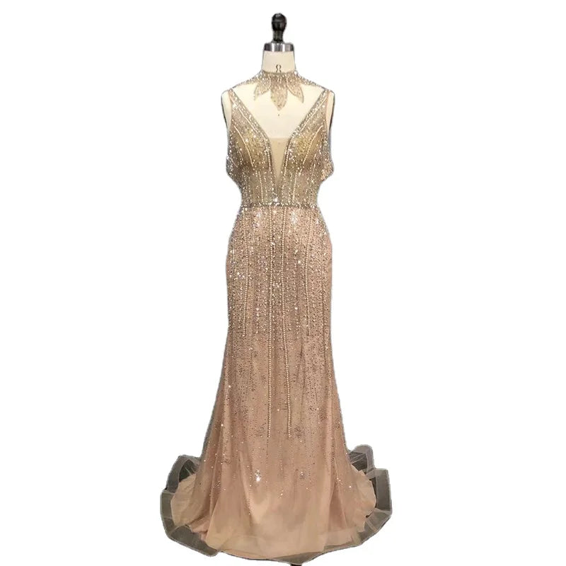Available Gold Evening Dress Deep V Neck Sexy Sparkly Beading Formal Mermaid Pageant Dresses