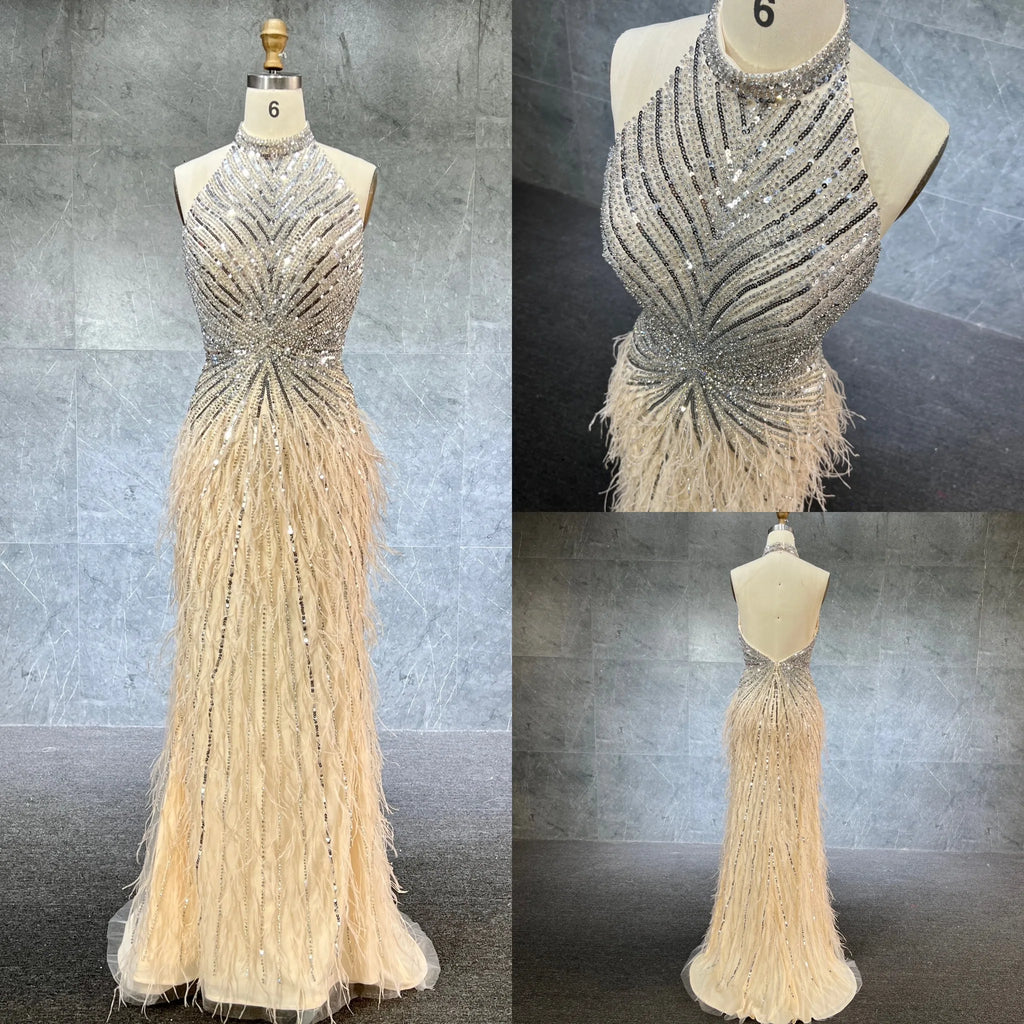 New Arrival Luxury Beaded Gown With Feathers High Neck Thigh Sheer Long Elegant Evening Dresses