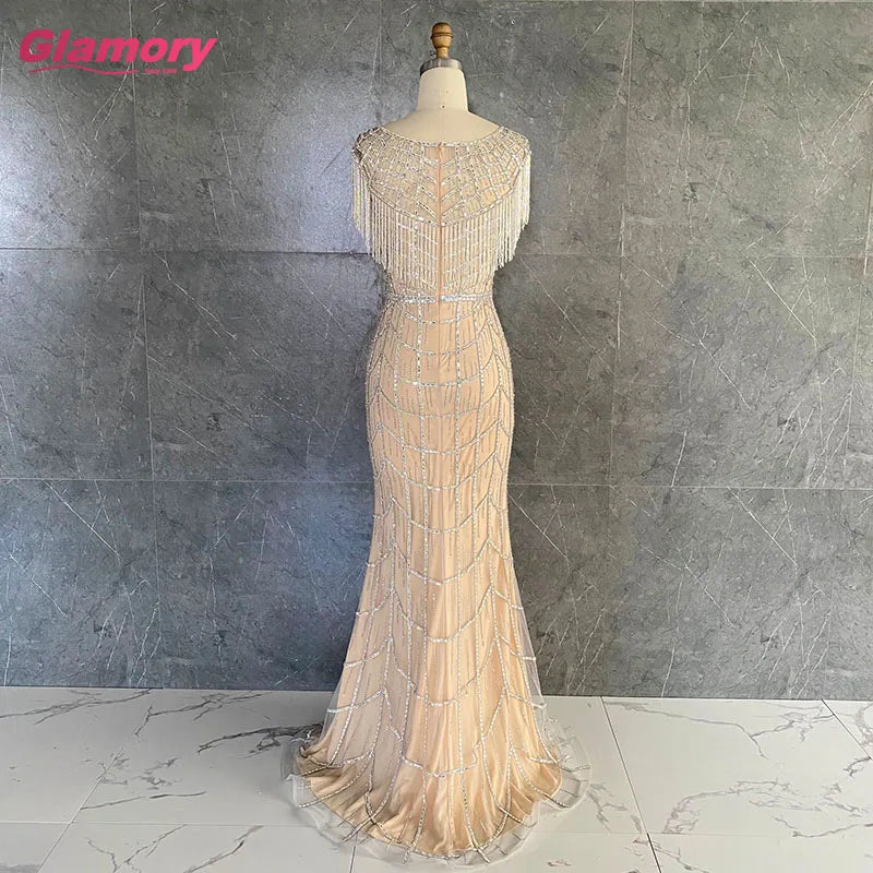 2020 New Arrival Heavy Beaded Rose Gold Mermaid Fashion Crystal Tassel Formal Evening Dress