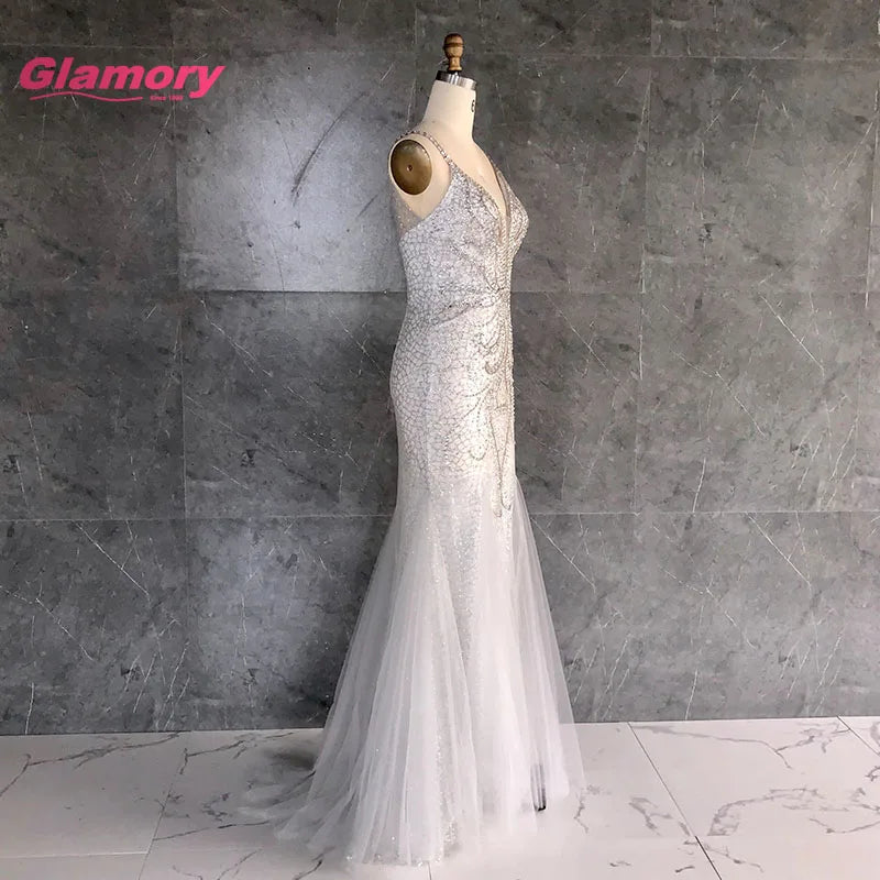 Wholesale Sexy Shiny Tulle Beaded Party Evening Dresses V Neck Mermaid Fishtail Long Graduation Prom Dress
