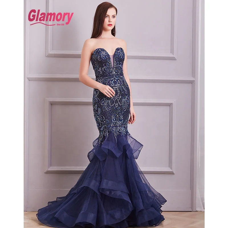 Dark Blue Real Sample Pictures Dresses Beaded Mermaid Evening Dress With Great Price