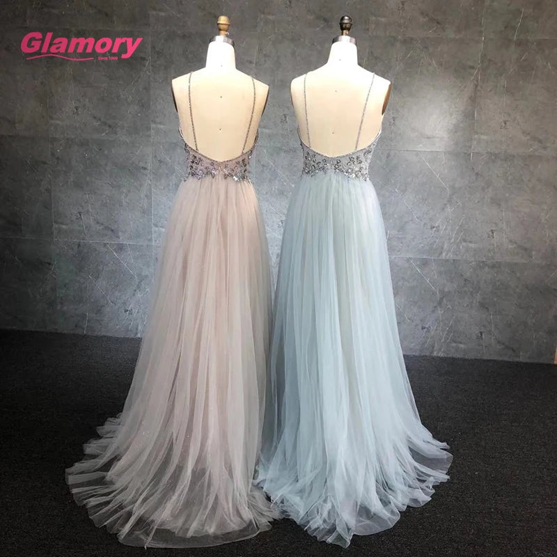 Top Selling Handmade Beading Low Back Tulle Formal Party Evening Prom Dresses for Ladies
