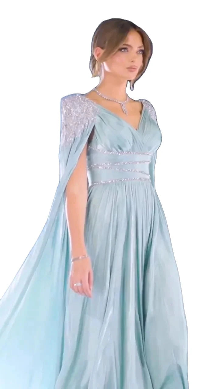 2025  Luxury Crystal Rose Gold Evening Dress With Cape Elegant V-Neck Turquoise Women Wedding Party Gown