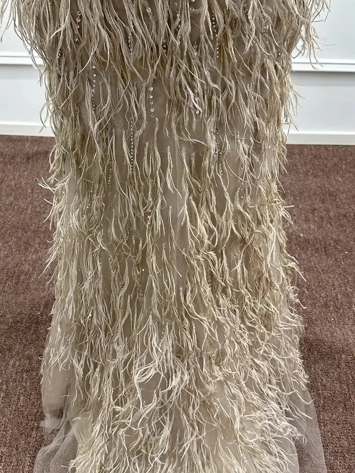 Luxury Dubai Champagne Feathers Evening Dress Mermaid Prom Formal Dress for Women Wedding Party Gown