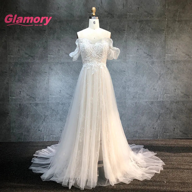 Sexy Off Shoulder A-line Beach 3D Lace a Line Garden Wedding Gown Dress Bridal