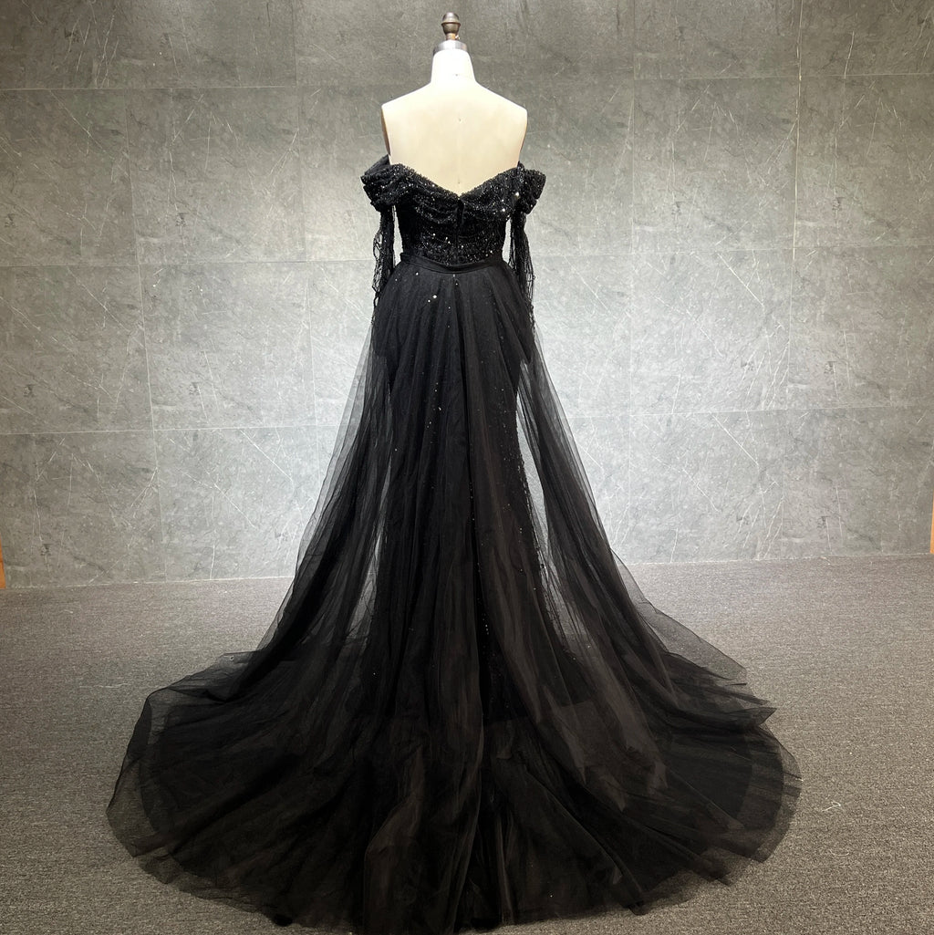 2023 Luxury Black Dubai Evening Dress Off Long Sleeve Detachable Skirt Arabic Women Wedding Party Prom Gown