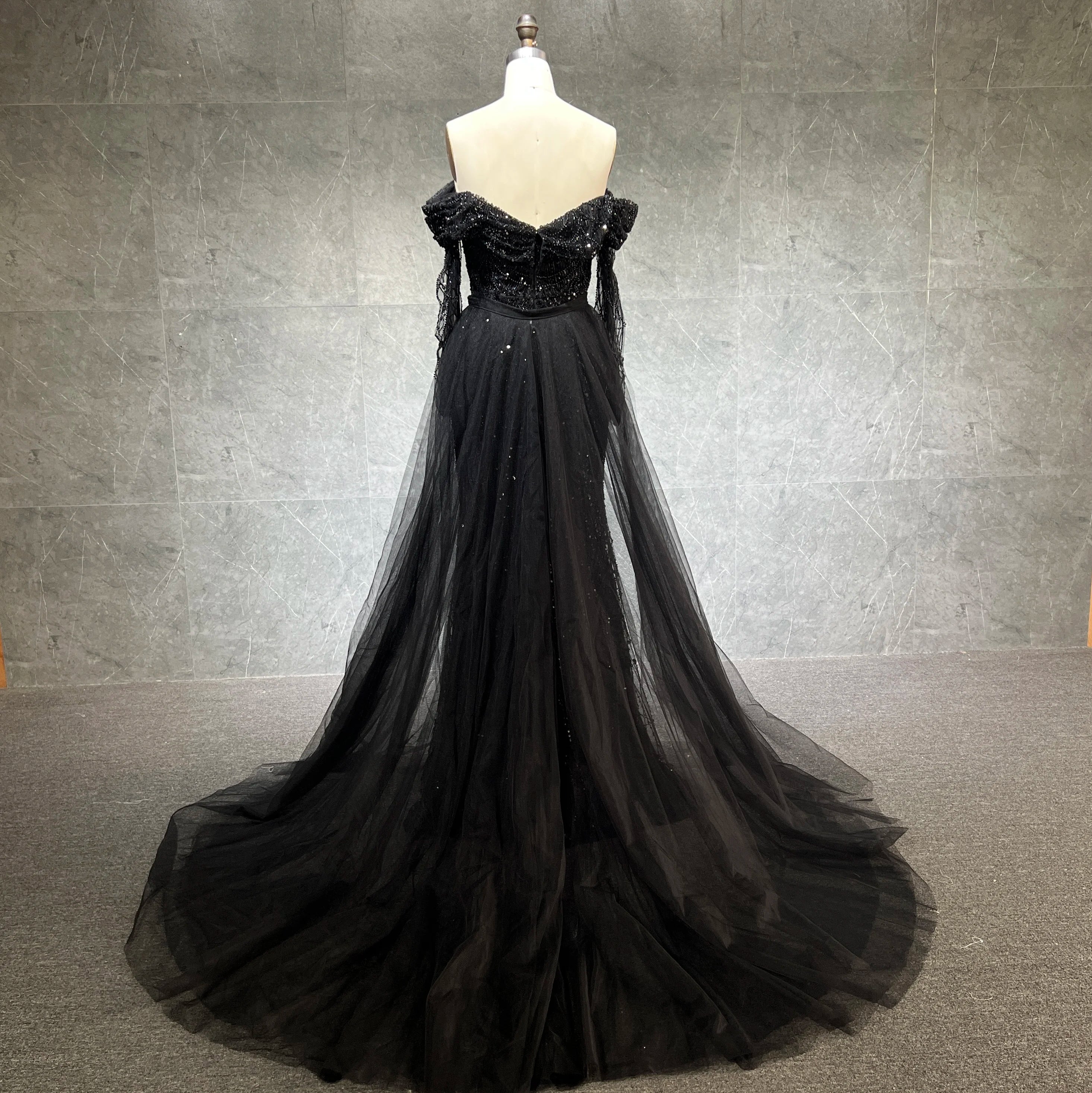 2023 Luxury Black Dubai Evening Dress Off Long Sleeve Detachable Skirt Arabic Women Wedding Party Prom Gown