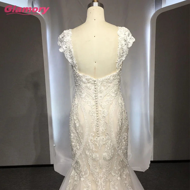 2020 New Style Dress Cap Sleeve Sweetheart Fishtail Lace Bride Gown Custom Made Wedding Dresses