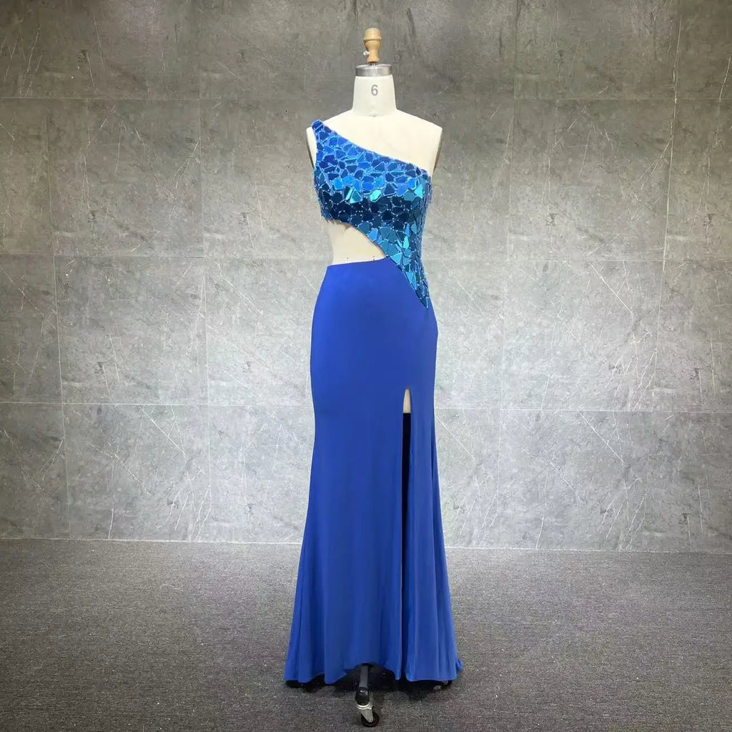 One-Shoulder High-Slit Long Prom Dress Glass Mirror Lady Preteen Girl Pageant Gown Formal Party Guest Runway