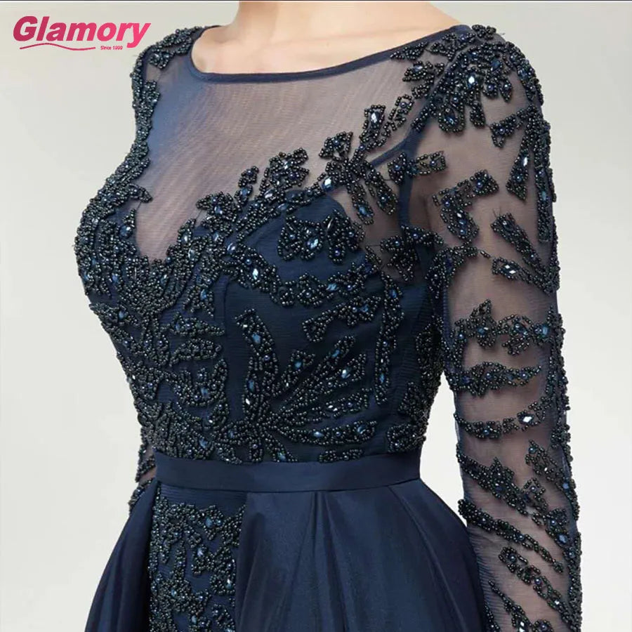 Long Sleeve Muslim Crystal Beaded Satin Tail Evening Dress Women Prom Dresses