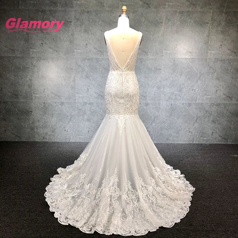 Sexy V-Neck Mermaid Bridal Gowns Heavy Beaded Lace Appliques High Quality Wedding Dress for Bride