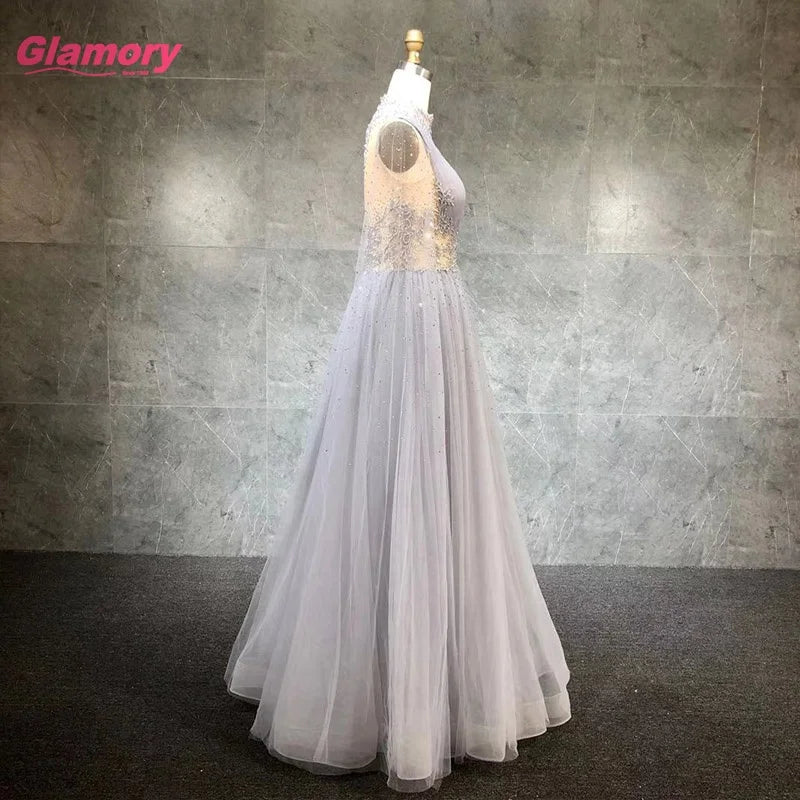 2021 Full Sleeve O-Neck Ball Gown  Beading Embroidery Tulle Floor-length Evening Dresses