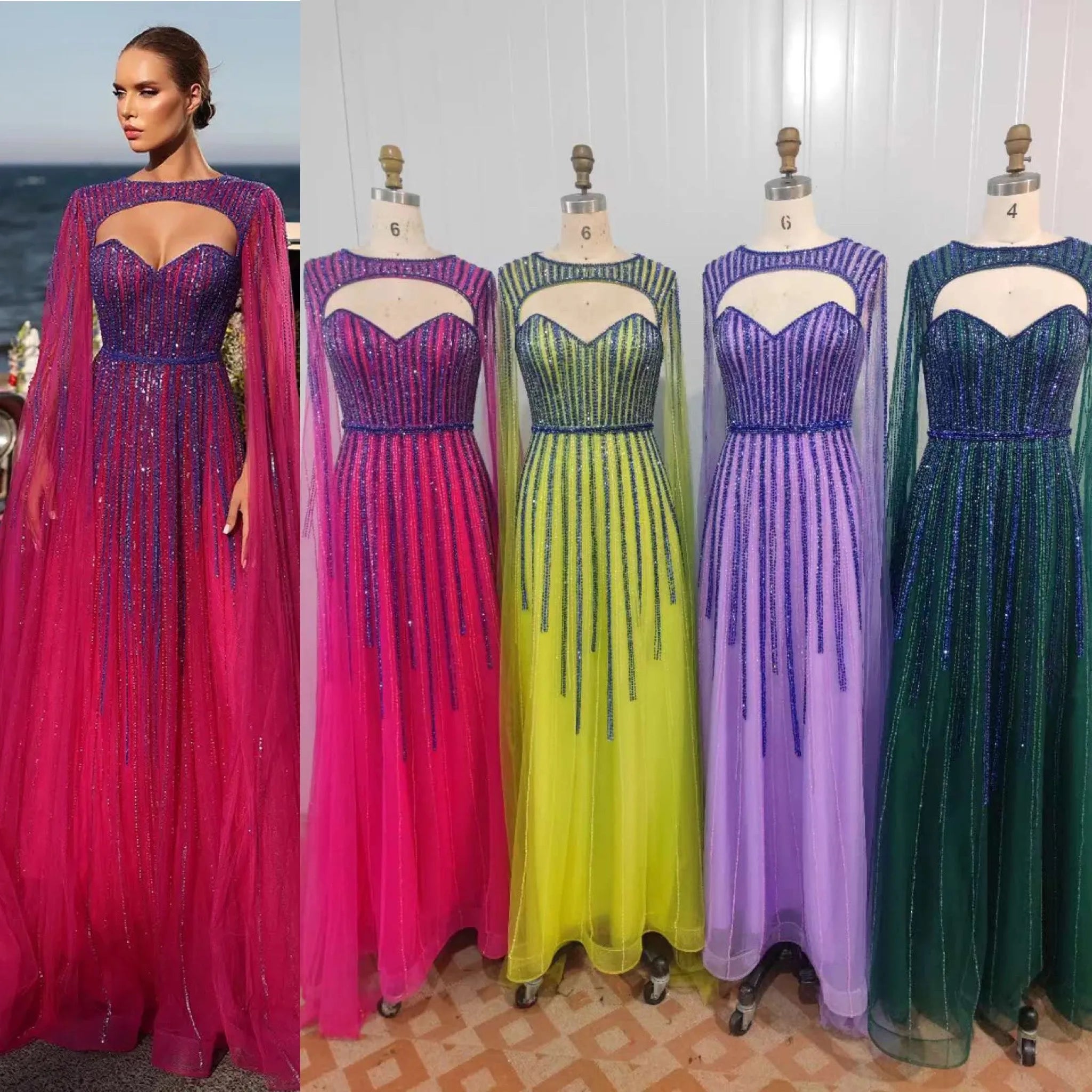 2024 Fuchsia Cape Sleeves a Line Beaded Evening Dresses Long Celebrity Gowns for Woman Wedding Party