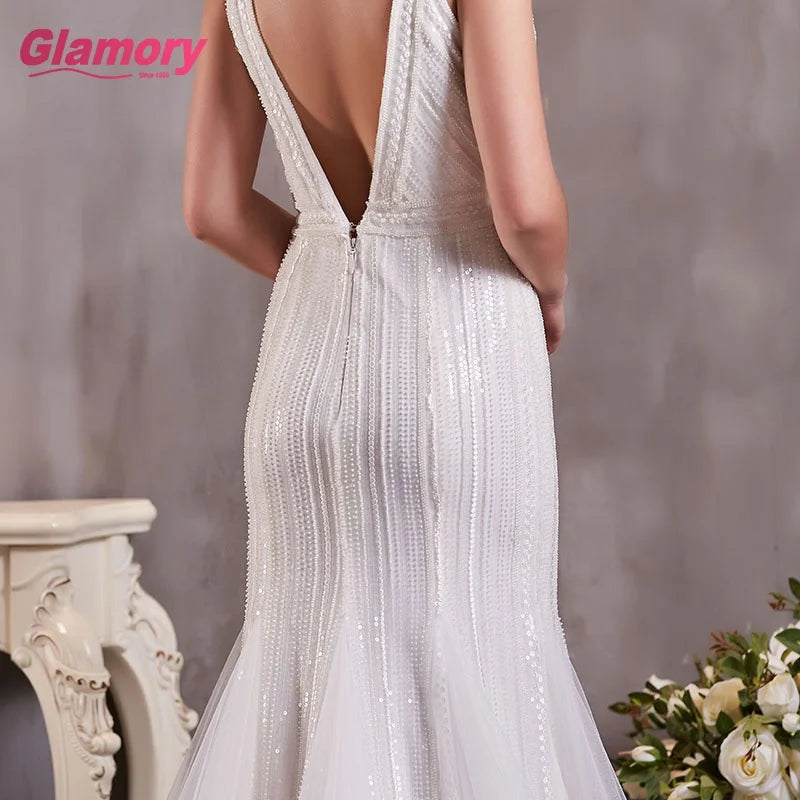 Whit Bridal Gowns v Neck Sleeveless Mermaid Lace Wedding Dresses Made in China