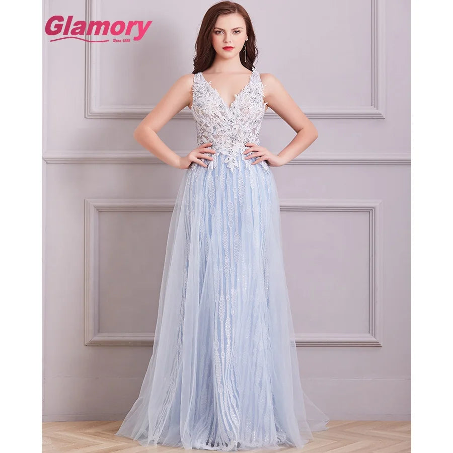 Light Blue Women Lace Applique Tulle Evening Dress V-neck Fantasy Dress