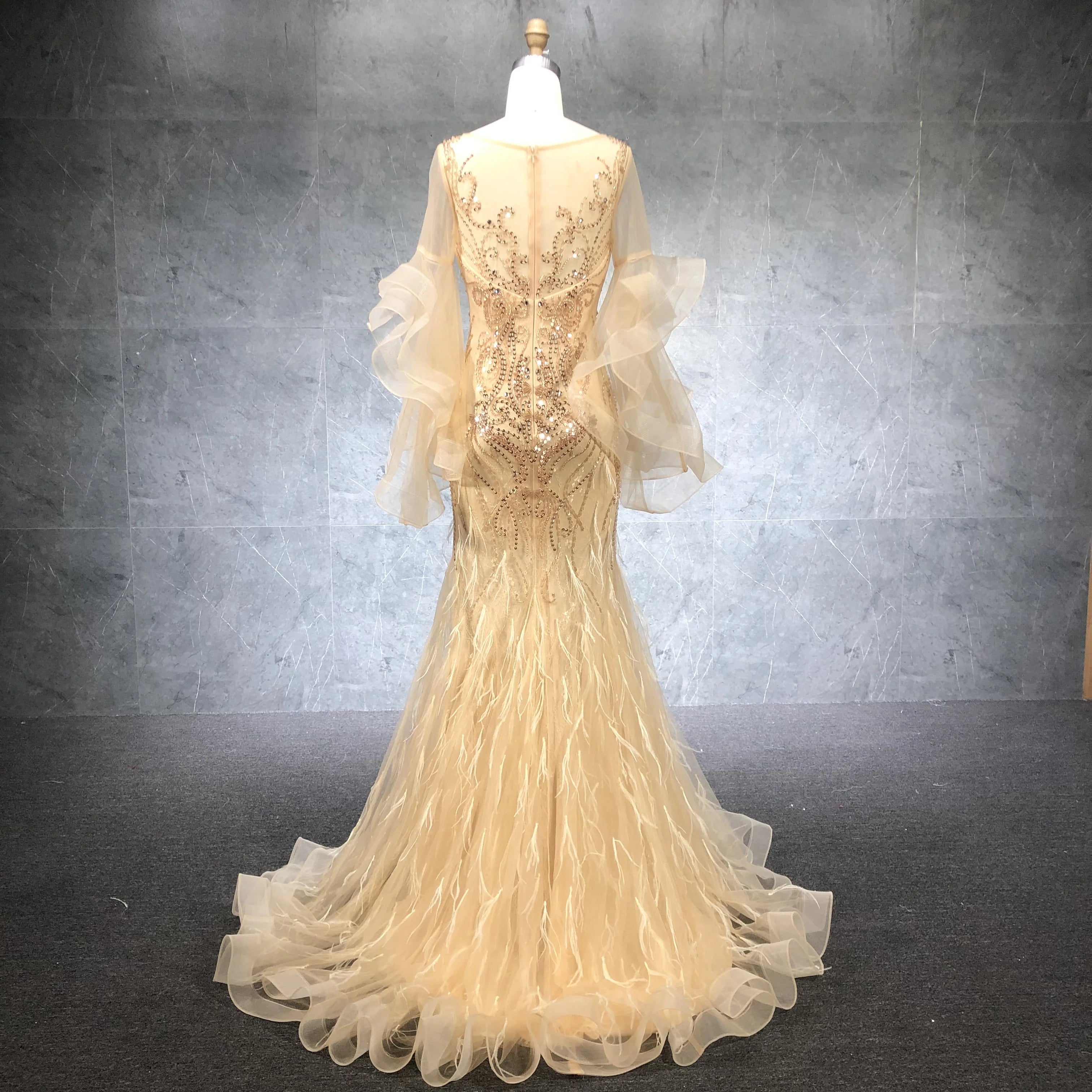 2020 New Arrival Beading Mermaid Ruffle Sleeve Evening Dresses Party Dress for Women Dress