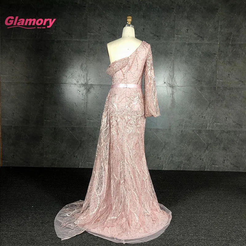 Top Quality Pink Embroidered Lace Gown One Shoulder Long Maxi Evening Muslim Party Dress