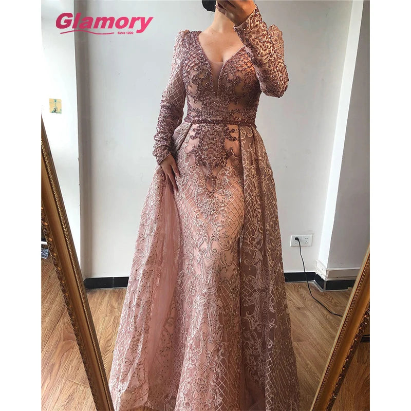 Dubai Sexy V-Neck Embroidery Beads Design Europe Plus Size Long Sleeves Women Gowns Formal Robe De Soiree Evening Dress