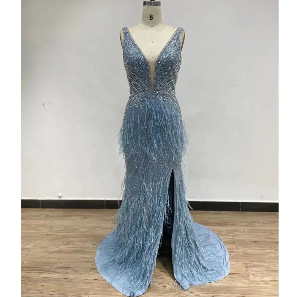 2022 New Handmade Beading Mermaid Evening Dresses With Feathers Sexy Split  Long  Evening Gowns for Women Party