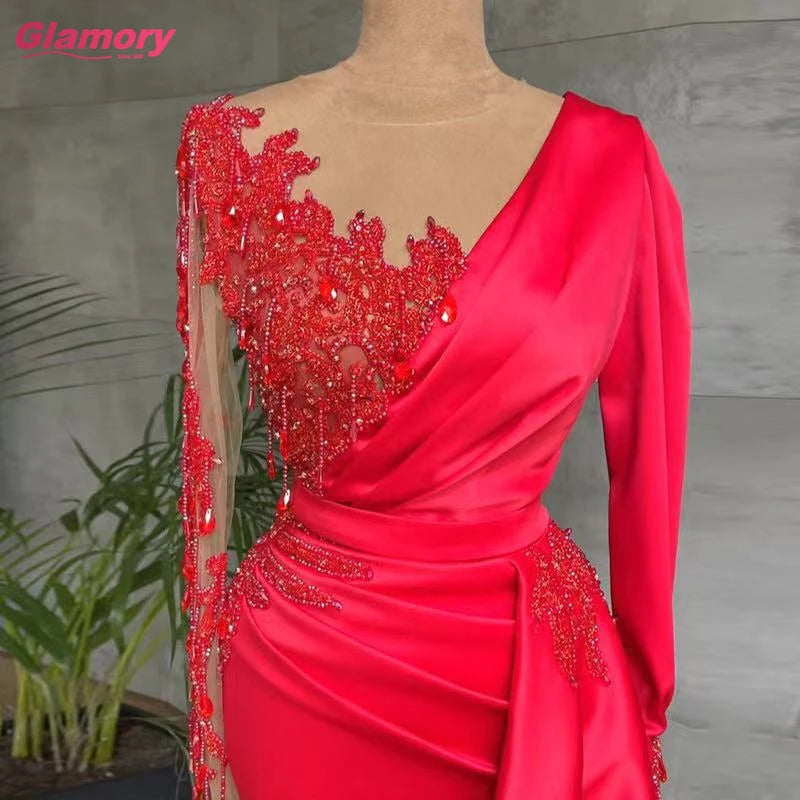 2021 New Style Long Sleeve Stain Evening Gowns Mermaid Beading Party Wear Dresses for Women