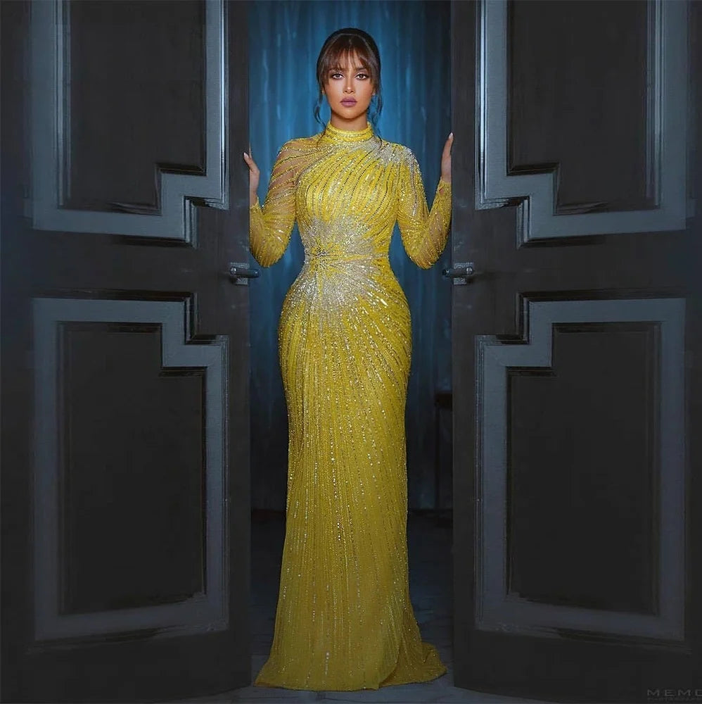 NEW 2022 Long Sleeves Evening Dresses Muslim Beaded Mermaid Real Picture Dinner Party Gowns