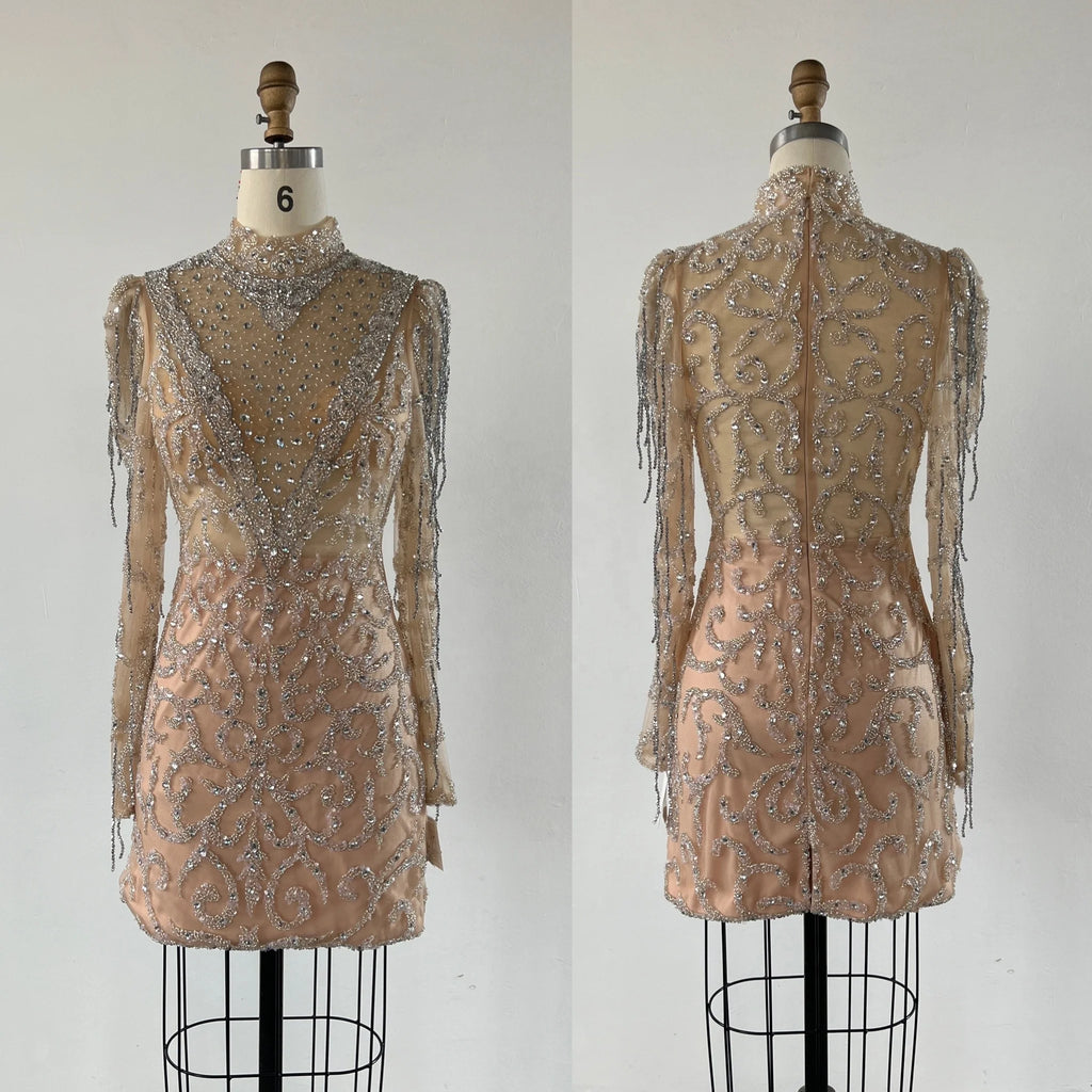 Hand Made Long Sleeve Midi Stunning Ladies Beading Evening Dresses