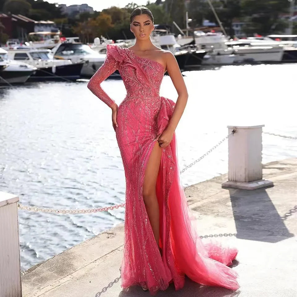 NEW 2023 One Shoulder Luxury Dubai Evening Dress Arabic Side Slit Mermaid Prom Formal Dress for Wedding