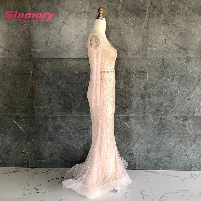 Hot Sale New Style 2020 Mermaid Custom Pink Sparkly Beaded Prom Sexy Deep V-neck Long Sleeve Girls Party Dress