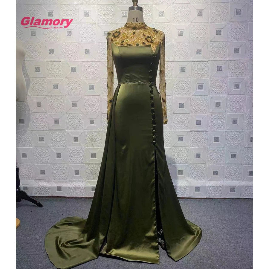 2022 New Arrival Fashion High Neck Elegant Gown Ladies Long Sleeves Mermaid Beaded Evening Gowns