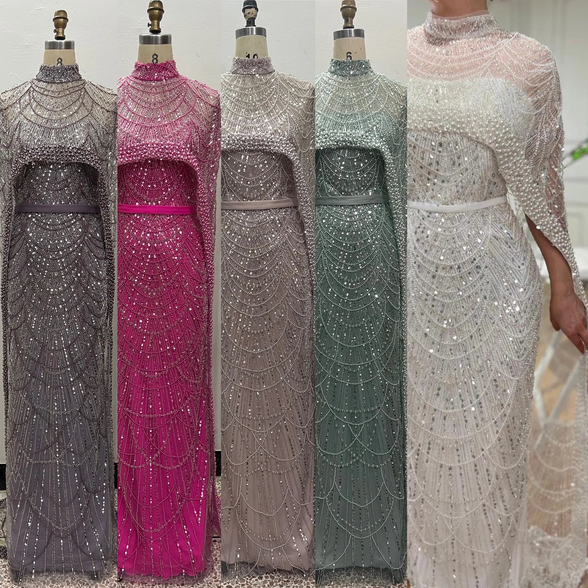 Luxury Dubai Evening Dresses With Cape Heavy Pearls Formal Occasion Dresses for Women Arabic Wedding Party Gowns