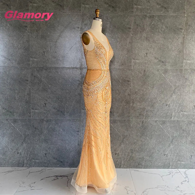 New 2020 Women Sexy Translucent Gold Silver Deep V-neck Slim Evening Dress for Woman