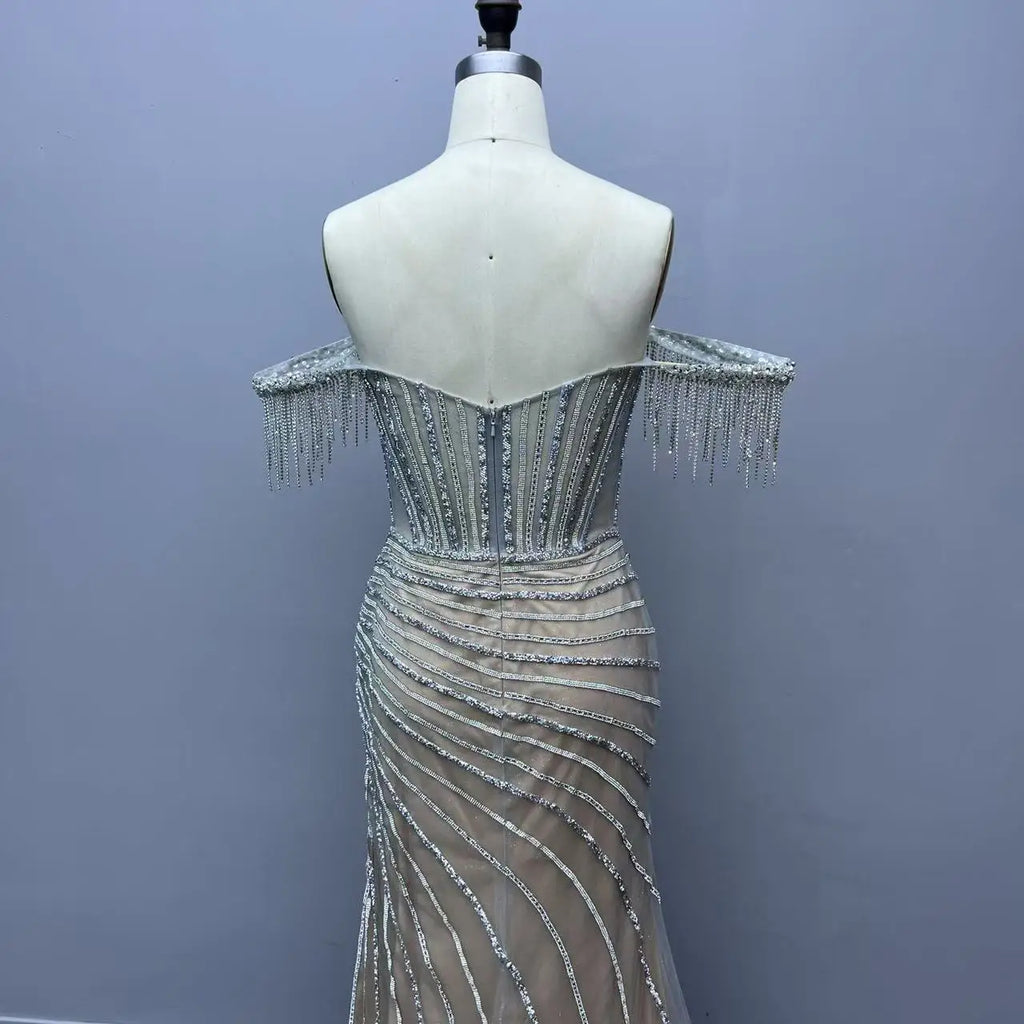 Red Off Shoulder Evening Dresses for Women Beaded with Front Leg Slit Fitted Bodice Perfect for Formal Events Prom