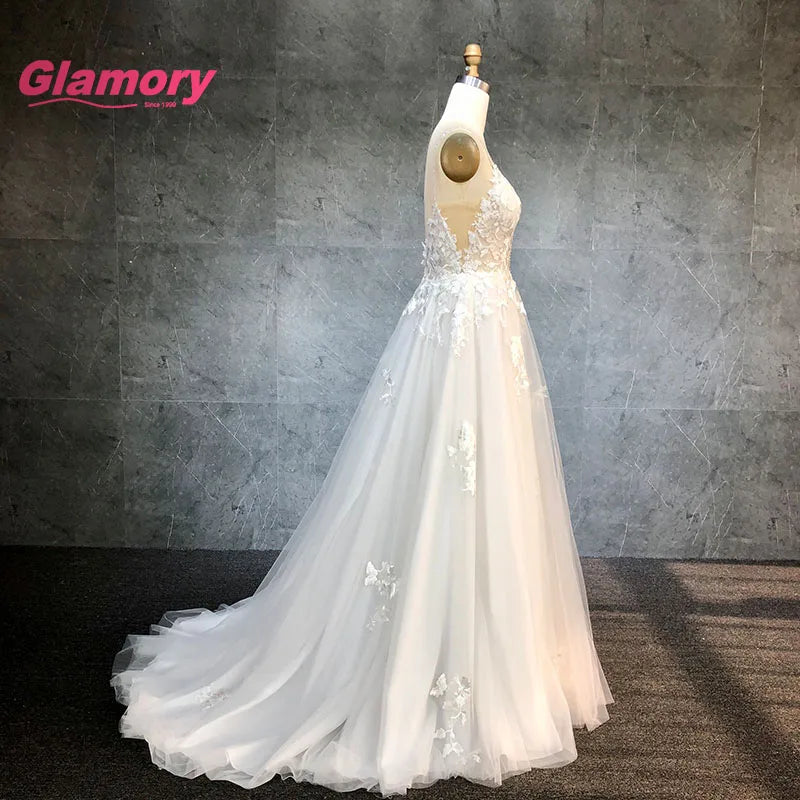 2020 Real Photo Gorgeous V Neck Floral Lace Beading a Line Floor Length Soft Tulle Wedding Dress