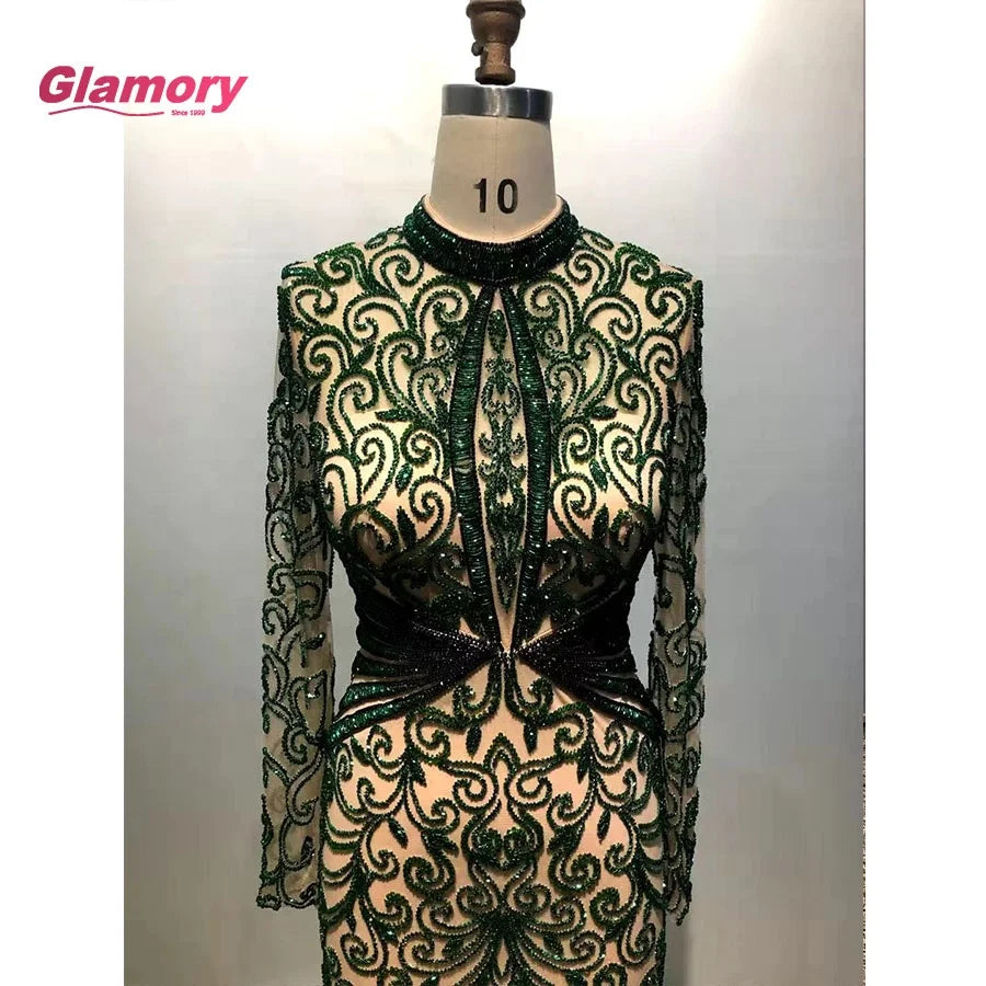 Dubai Fashion Dark Green Mermaid Dresses Hight Neck Long Sleeve Formal Women Lady Elegant Prom Evening Gowns
