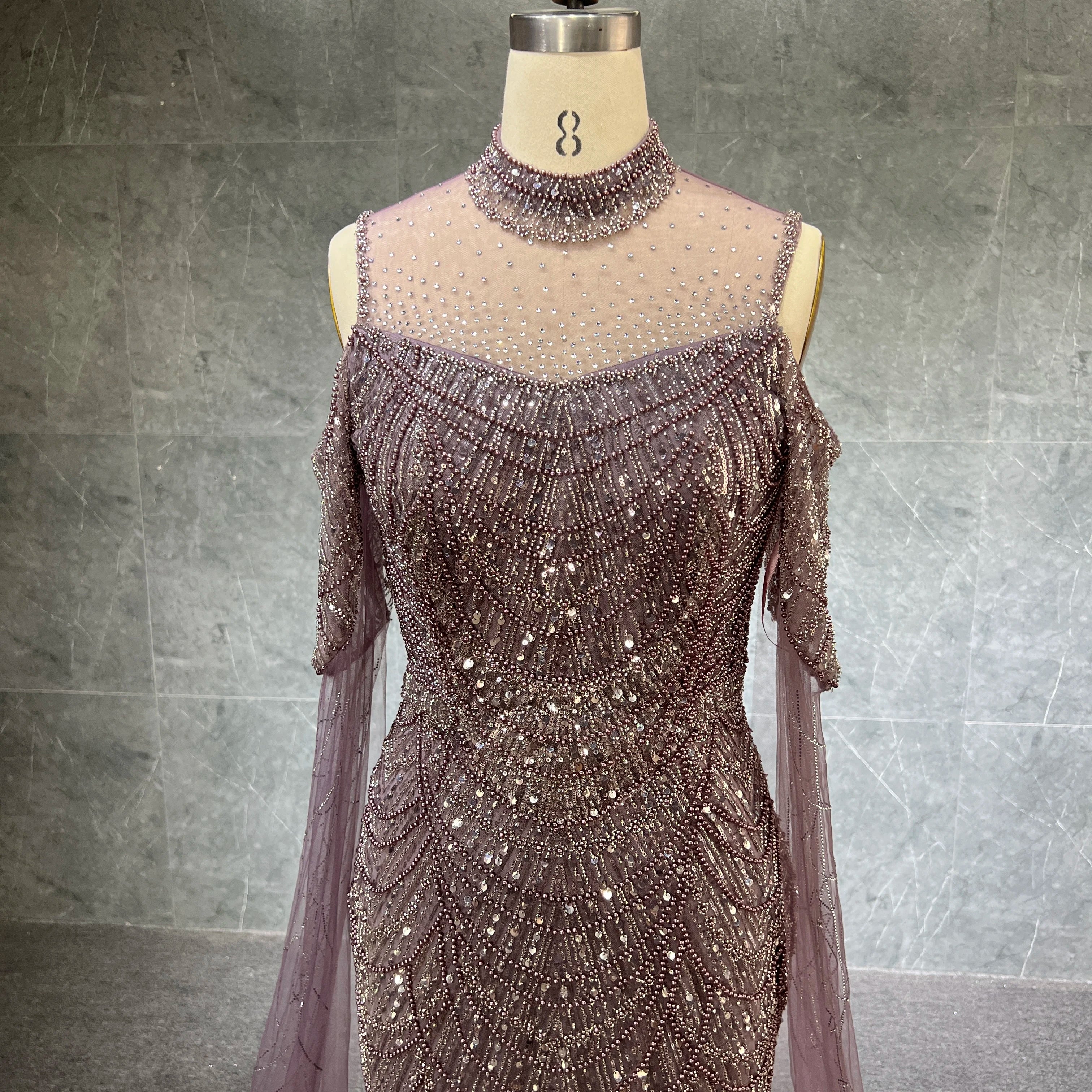 Luxury High Neck Mermaid Evening Dresses With Cape Heavy Pearls Women Wedding Formal Party Gown Stock