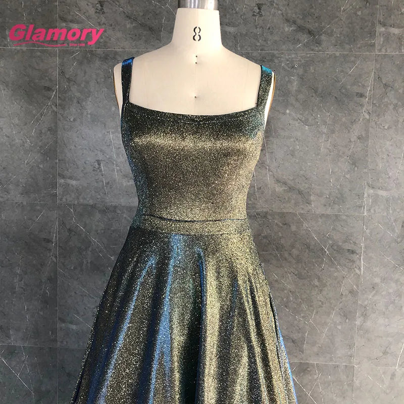 Simple Design Square Collar Evening Unique Brown Shiny Dancing Queen A-line Long Prom Dress for Wholesale