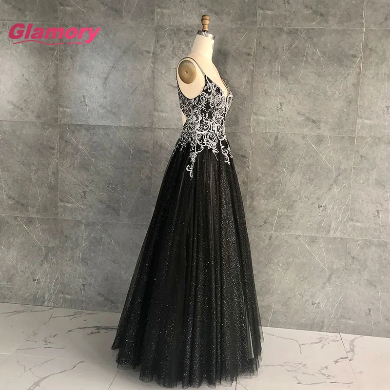Chaozhou Factory 2020 New Design Lace Applique Spaghetti Strap A-line Black Glitter Tulle Maxi Prom Dress for Banquet