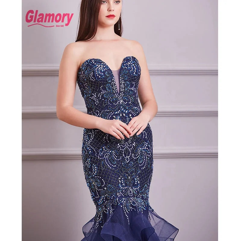 Dark Blue Real Sample Pictures Dresses Beaded Mermaid Evening Dress With Great Price