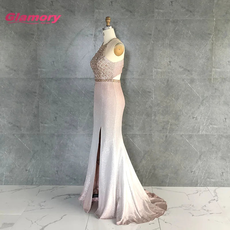 2020 Bottom Price Halter Party Evening Unique Glitter Fabric Sexy Formal Long Prom Dress