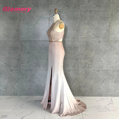 2020 Bottom Price Halter Party Evening Unique Glitter Fabric Sexy Formal Long Prom Dress