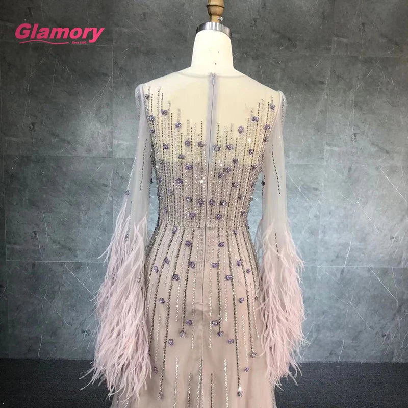 Romantic Lavender Party Newest Beading Long Sleeve With Ostrich Feather Ball Gown Evening Dress