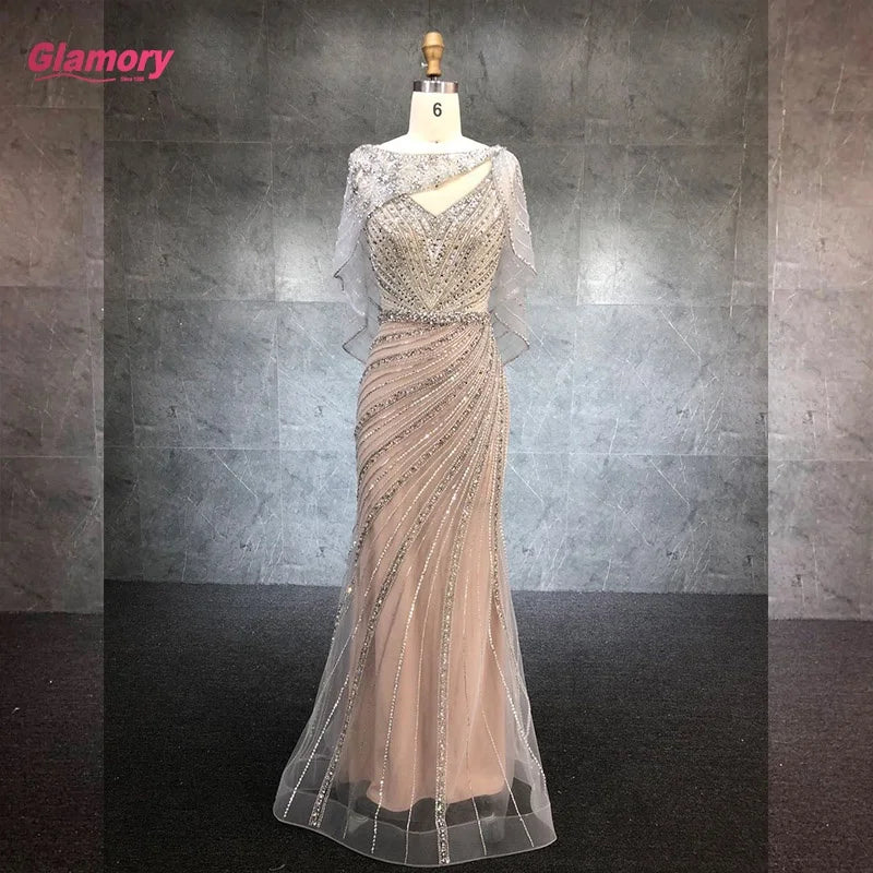 2021 New Fashion Beading Evening Dress Mermaid V Neck Sexy Party Wear Gown With Cape for Women