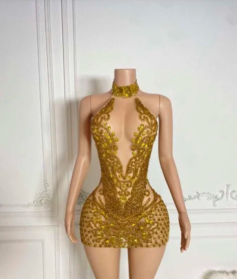 2023 Sparkly See Through Sexy Women Birthday Party Gowns V-neck Luxury Crystals Black Girls Gold Short Prom Dresses