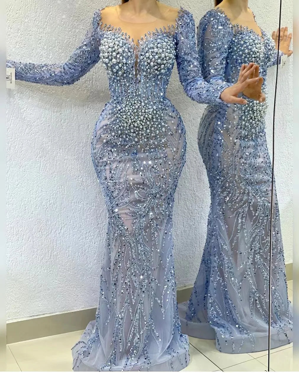 NEW Long Sleeve Evening Dress 2024 Beaded Rhinestone Mermaid Luxury Evening Dresses