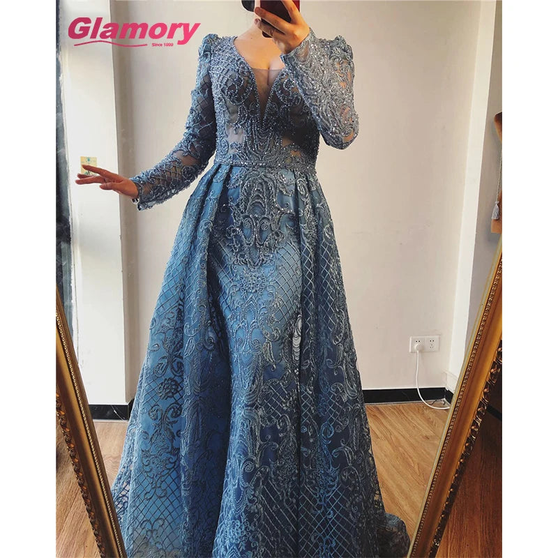 Dubai Sexy V-Neck Embroidery Beads Design Europe Plus Size Long Sleeves Women Gowns Formal Robe De Soiree Evening Dress
